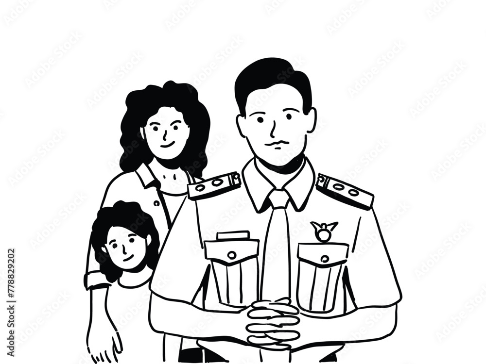 A man standing infront of family daughter and wife, Father's day concept vector line drawing A man standing infront of family daughter and wife, Father's day concept vector line drawing