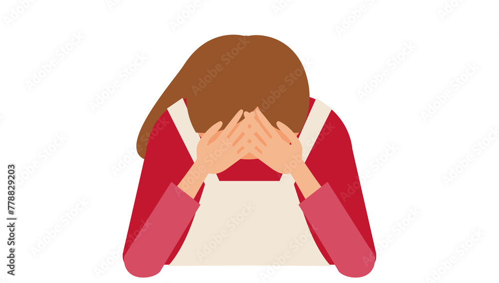 顔に両手をあてて落ち込むエプロンをした女性の正面イラスト 顔に両手をあてて落ち込むエプロンをした女性の正面イラスト