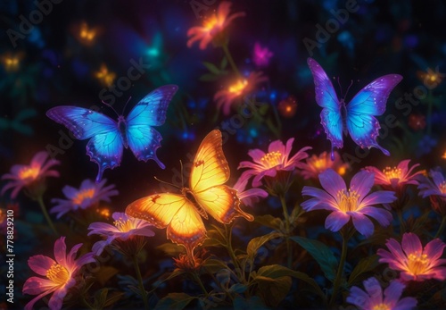 Glowing magical butterflies in the night