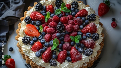   A plate featuring a multi-berry cake topped with fresh strawberries