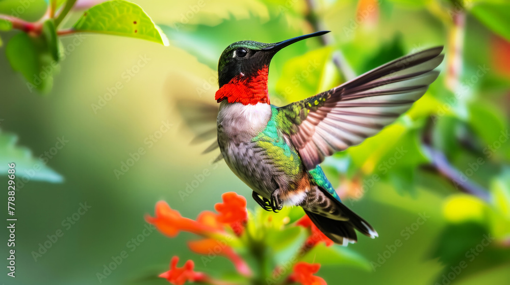 Fototapeta premium A hummingbird is flying through a lush green forest. The bird is green and red, with a long tail and a black beak. Concept of freedom and natural beauty. the mesmerizing shimmer of its plumage