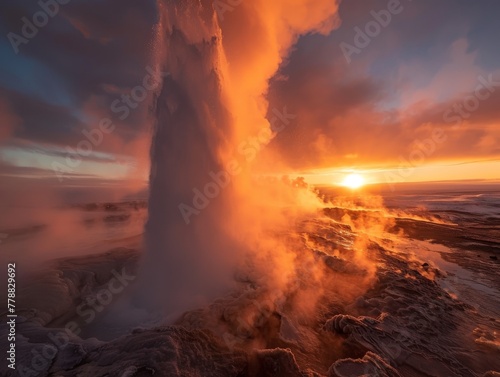 Geysers erupting at sunrise steam and water shooting up