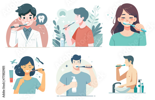 Illustration set of people brushing teeth. Cleaning teeth for oral health. flat design
