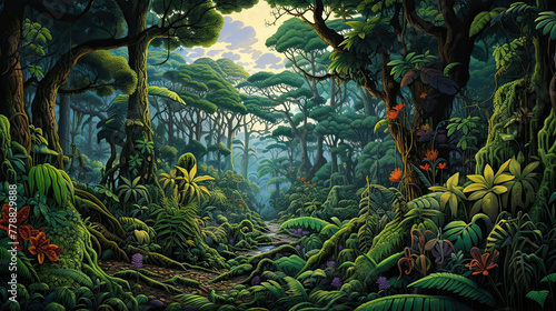 A Tropical Rainforest background  emphasizing the complexity of the rainforest ecosystem  from the forest floor to the towering canopy Ai Generative