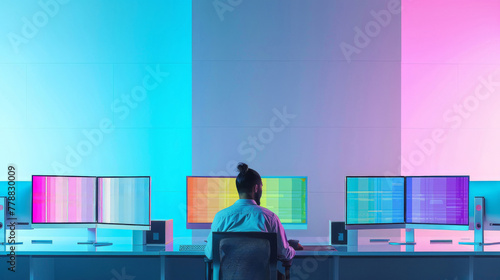 Professional at a multi-monitor workstation. Depicts focus and high-tech workflow in modern office settings. Ideal for technology and productivity themes.