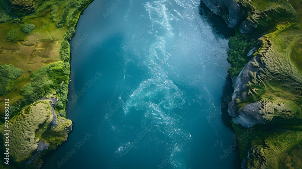 Breathtaking aerial view of a river winding through mountains and lush greenery