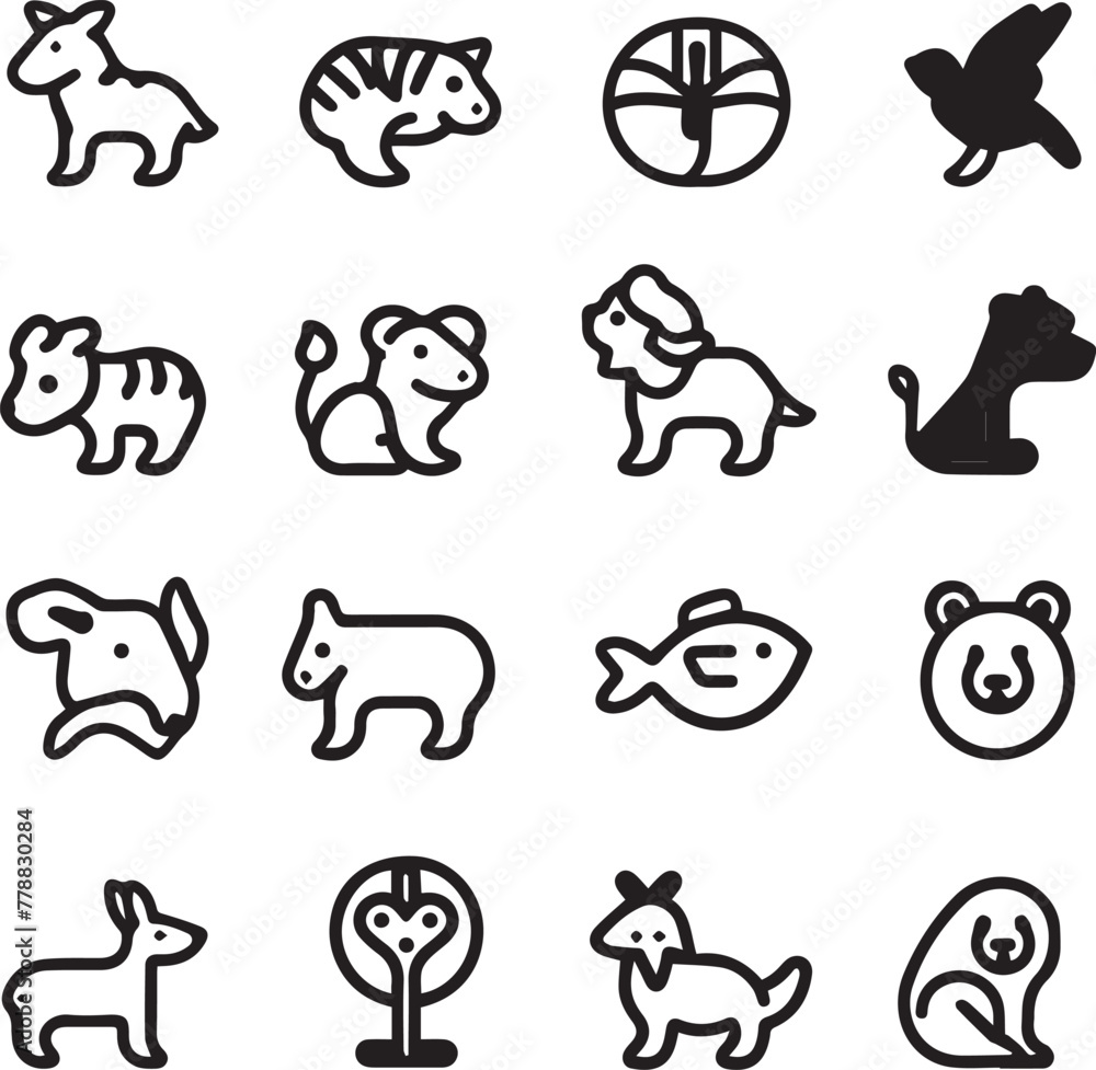 Animals thin line icons set black and white Animals thin line icons set black and white