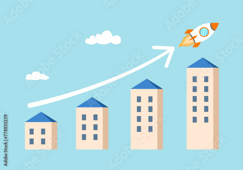 Housing price rising up, real estate investment or property growth concept. Arrow chart rising house prices.