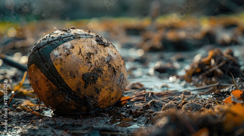 The rough texture of a rugby ball in sharp detail, with the expansive, muddy field blurred in the backdrop, showcasing the toughness and intensity of rugby