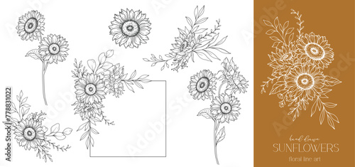 Sunflowers Line Drawing. Sunflower Frame Line Art. Floral frame. Floral Line Art. Fine Line Sunflower  illustration. Hand Drawn Outline flowers. Botanical Coloring Page. Wedding invitation flowers