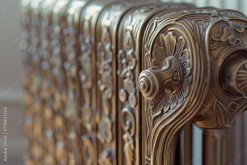 Radiator with decorative flap box in the interior. Close-up of metal decorative radiator box with carved vintage patterns. - obrazy, fototapety, plakaty 