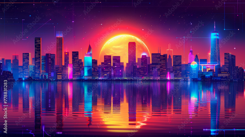 Futuristic Cityscape with Glowing Sunset and Reflection.