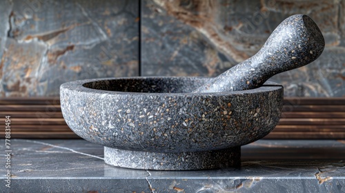  Mortar and pestle on marble countertop with wooden bench and stone wall background