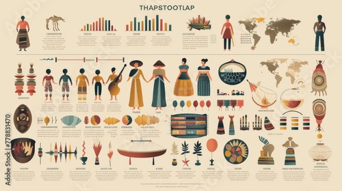An infographic depicting various elements that define culture, including language, history, behavior, society, belief, ethnicity, music, and food. photo