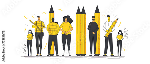 Minimalist line art illustrations of people holding giant pencils in simple shapes and lines against a white background 