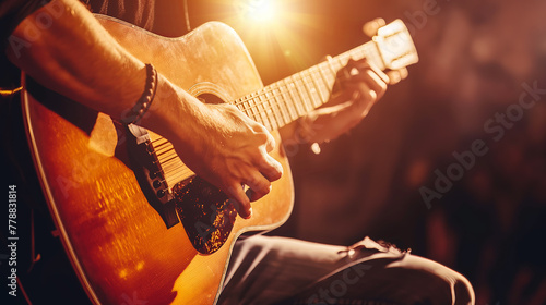 A musician holds a guitar in their hands, skillfully playing and creating music photo