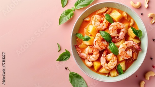 Close up of Delicious Sauteed Shrimp Dish with Herbs and Spices Served on a Plate Against a Soft Pink Background