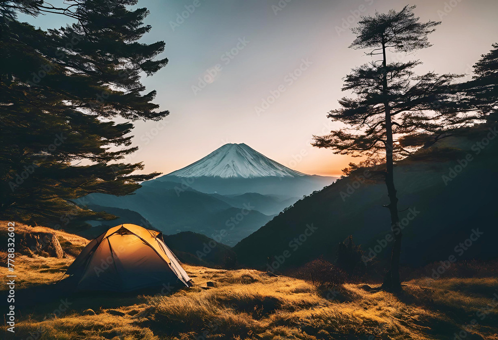 Mountain Sunset Camping with Tent