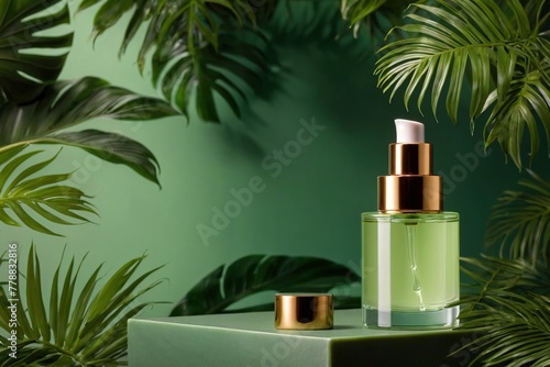 Product packaging mockup photo of packaging serum or cosmetics fragrance with modern design and elegance in tropical forest for product presentation on green background  studio advertising photoshoot