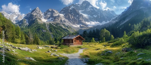 The small house at the foot of the mountain and the beautiful and charming scenery. There is a small gravel path leading to the direction of the small house. Super fresh picture, comfortable photograp