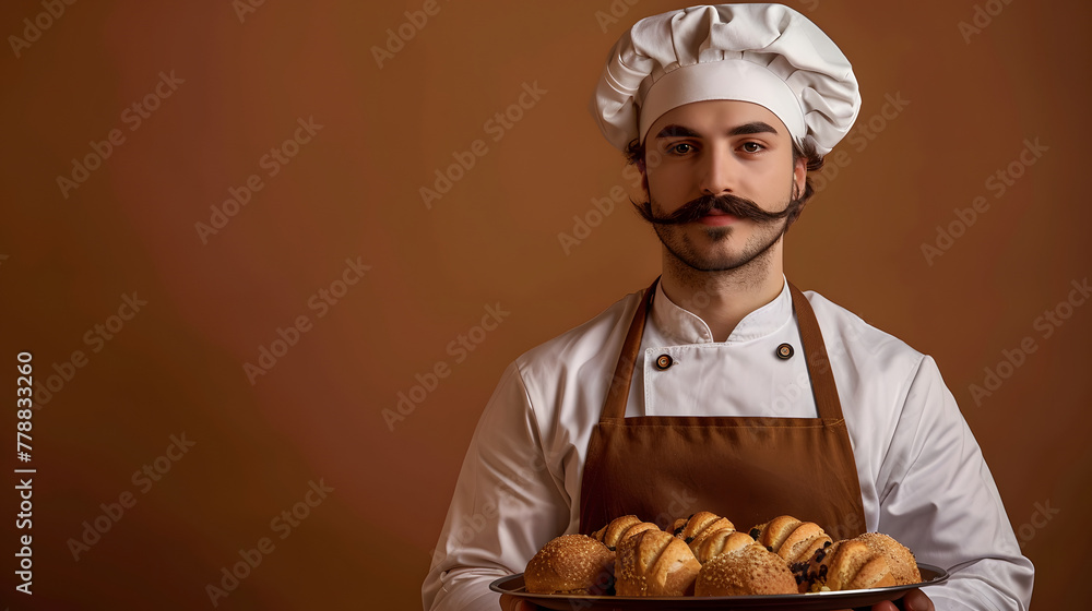A male baker with a mustache and a chef’s hat stands against a brown background A male baker with a mustache and a chef’s hat stands against a brown background