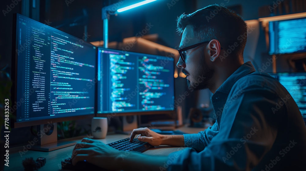 Focused young programmer working on multiple computer screens in a dimly lit room symbolizing cybersecurity, programming, and technology. Focused young programmer working on multiple computer screens in a dimly lit room symbolizing cybersecurity, programming, and technology.