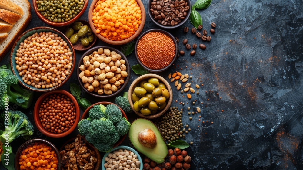 A variety of beans, peas, broccoli, avocado, and other foods are arranged in bowls A variety of beans, peas, broccoli, avocado, and other foods are arranged in bowls