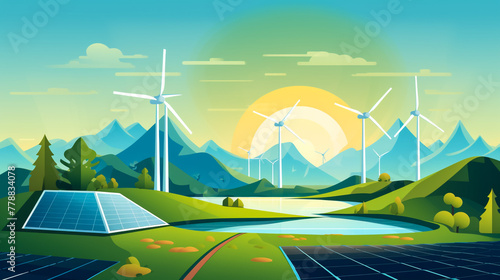 solar panels and wind turbines under blue sky on summer landscape
