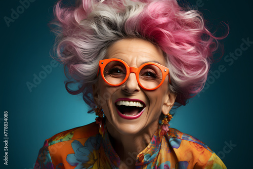 Senior Woman Laughing on Plain Background