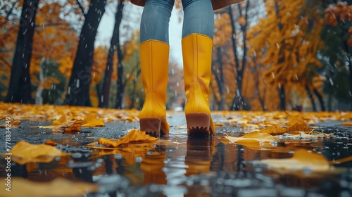 Close shot and back view of a yellow boot of a girl walking in rain with a big blurry backdrop and roadside view for text, Generative AI.