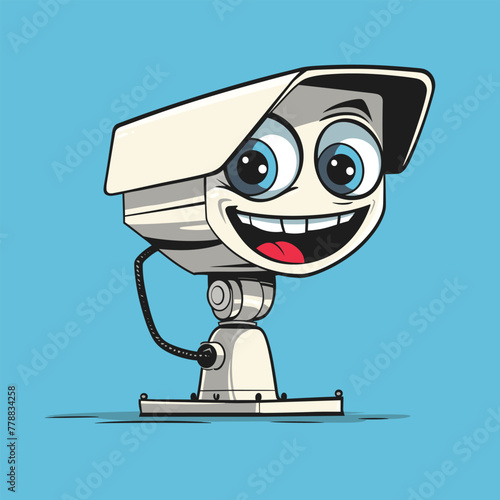 Animated security camera with a smile, blue backdrop.
