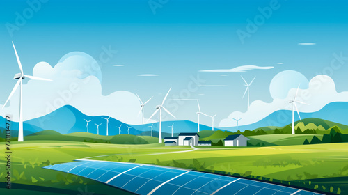 solar panels and wind turbines under blue sky on summer landscape 