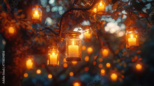  A cluster of lanterns dangling from a tree with numerous glowing yellow lights, illuminating the foreground amidst a hazy background