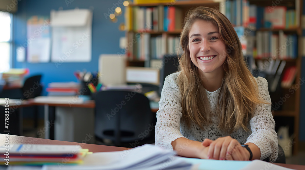 Young female teacher with smiling face sitting at her desk in the staff ...