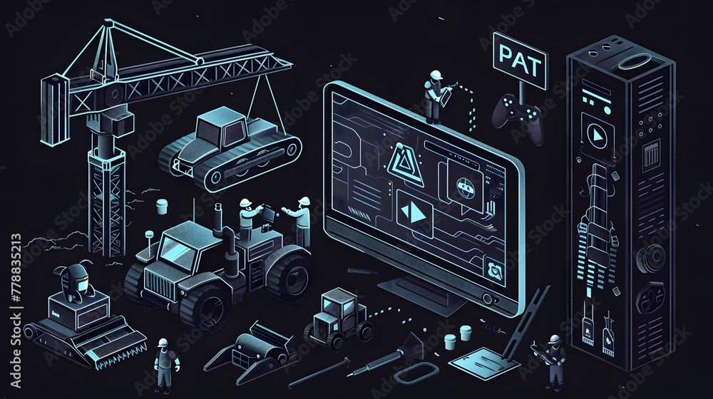 Fototapeta premium A monochrome vector illustration of small coders constructing a digital platform on and around a gaming console