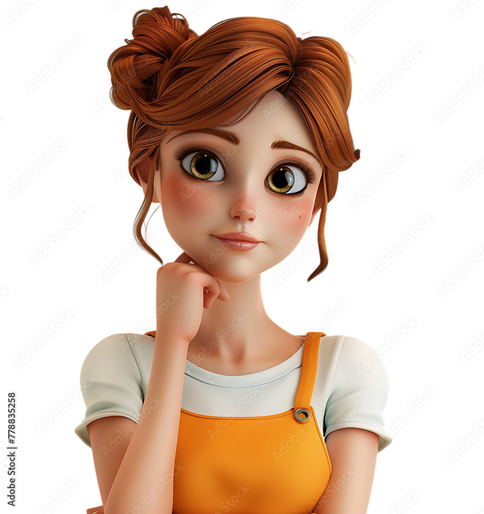Rendered in vivid 3D, this charming cartoon character exudes happiness and positivity. With her lively expression and vibrant colors, she adds a touch of cheerfulness to any project or design. Rendered in vivid 3D, this charming cartoon character exudes happiness and positivity. With her lively expression and vibrant colors, she adds a touch of cheerfulness to any project or design.