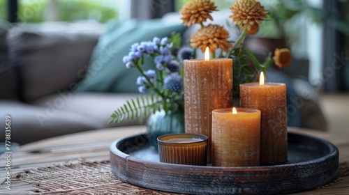  A cluster of candles positioned atop a tray placed atop a table alongside a bouquet of blossoms