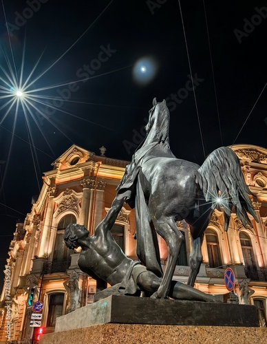 Obraz na płótnie Statue of a horse on the famous Anichkov Bridge in St. Petersburg, Russia w salonie