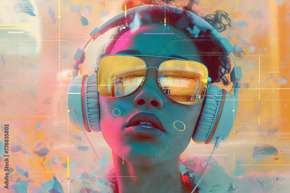 A colorful portrait of a person with headphones and sunglasses, evoking a sense of modern music immersion.