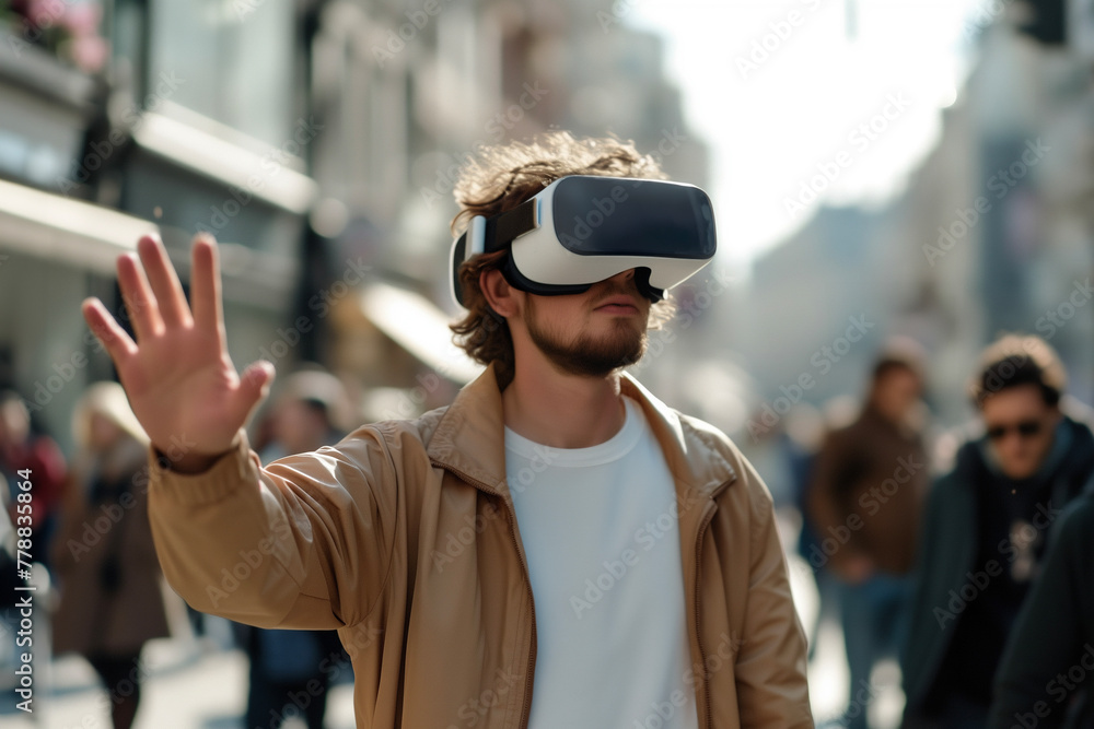 Amidst city street, a man experiences augmented reality through his VR headset, guided by spatial technology, navigates AR apps using hand gestures Amidst city street, a man experiences augmented reality through his VR headset, guided by spatial technology, navigates AR apps using hand gestures