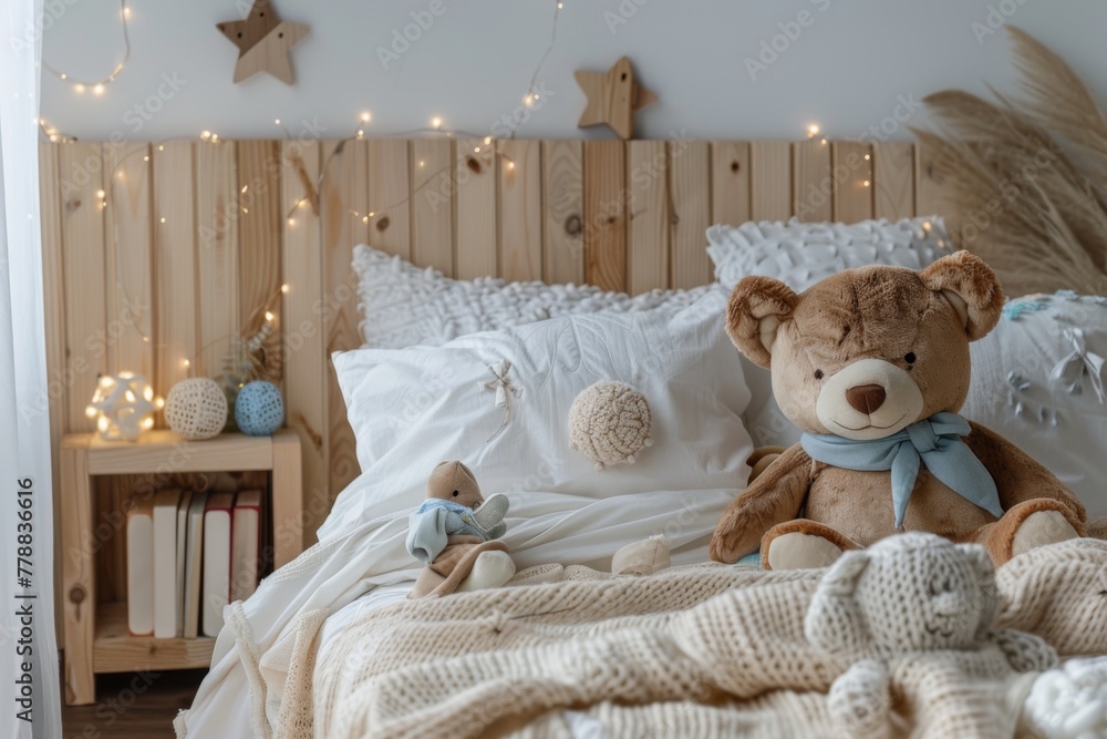 Inviting family vacation setting with toys, books, and wooden decor on the light and bright made bed