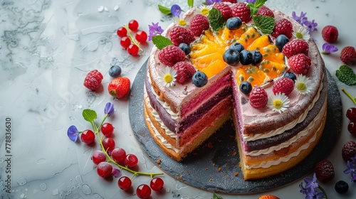   A plate with a cake covered in berries  and a bite missing from the top