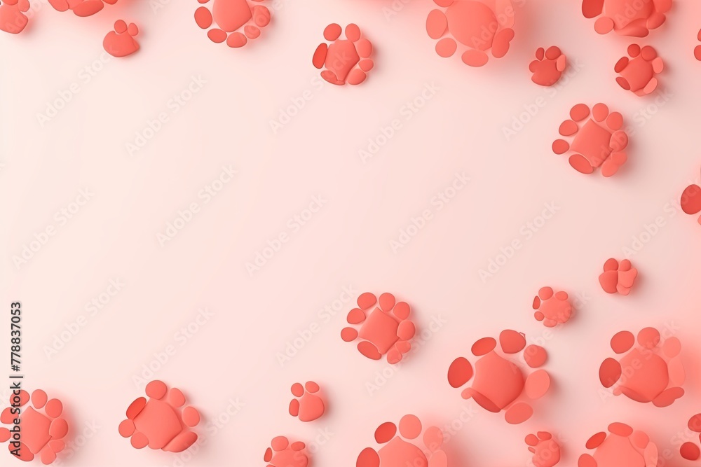 Coral paw prints on a background, minimalist backdrop pattern with copy space for design or photo, animal pet cute surface 