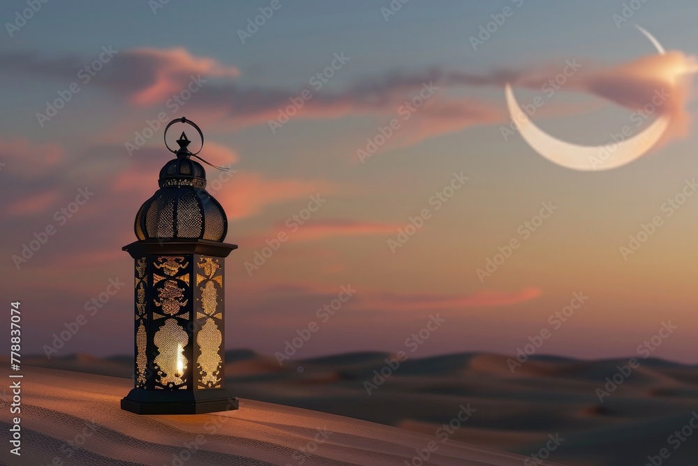 A lantern with an intricate design glowing softly in the desert at dusk against a crescent moon, Ramadan and holy month concept,