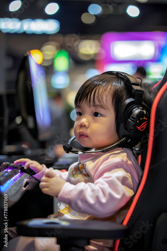 A boy is playing a video game with a face of concentration