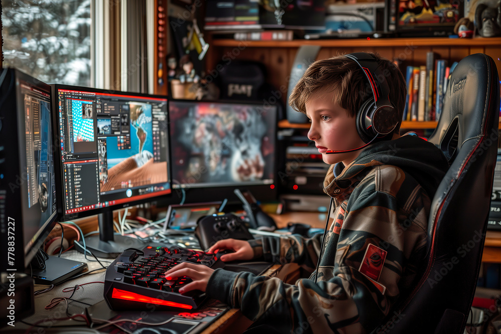 A boy is playing a video game with a face of concentration A boy is playing a video game with a face of concentration