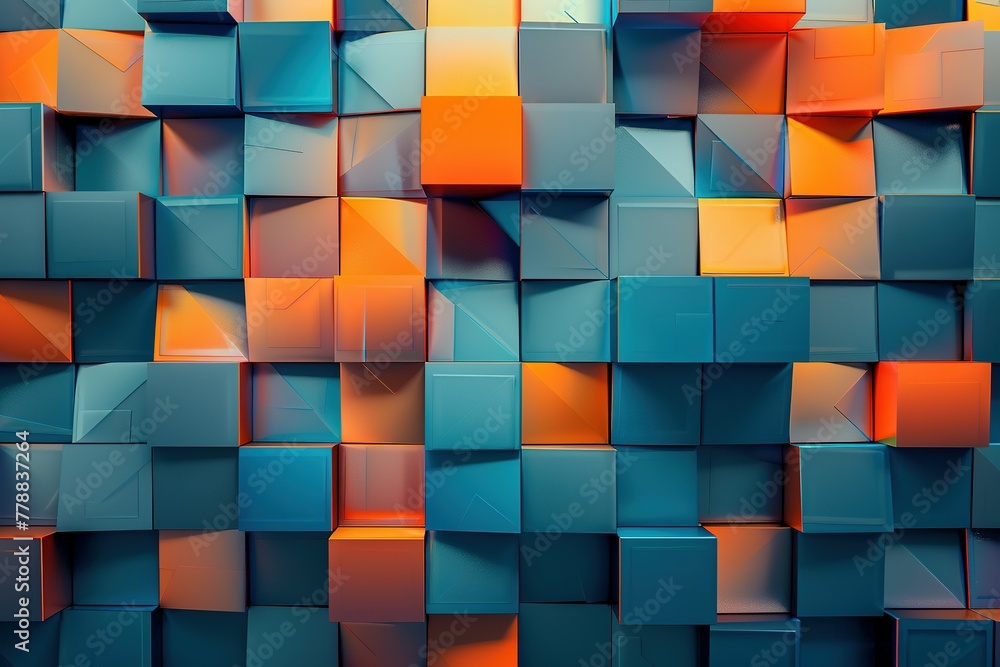 Fototapeta premium Abstract blue and orange background with squares, Polygonal mosaic with Orange gradient