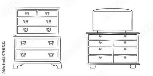 Line sketch set of a chest of drawers, dresser. Design piece of furniture for storage. Isolated vector photo