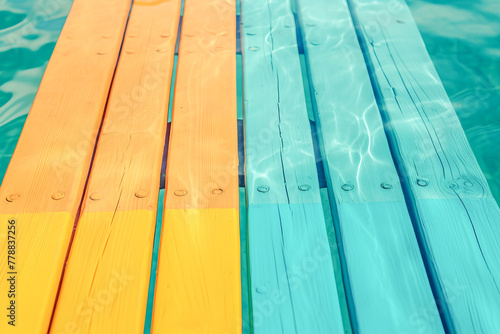 Abstract composition of painted wooden bridge over swimming pool