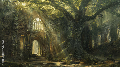 Giant World Tree In Old Ruins Medieval Fantasy Landscape Background